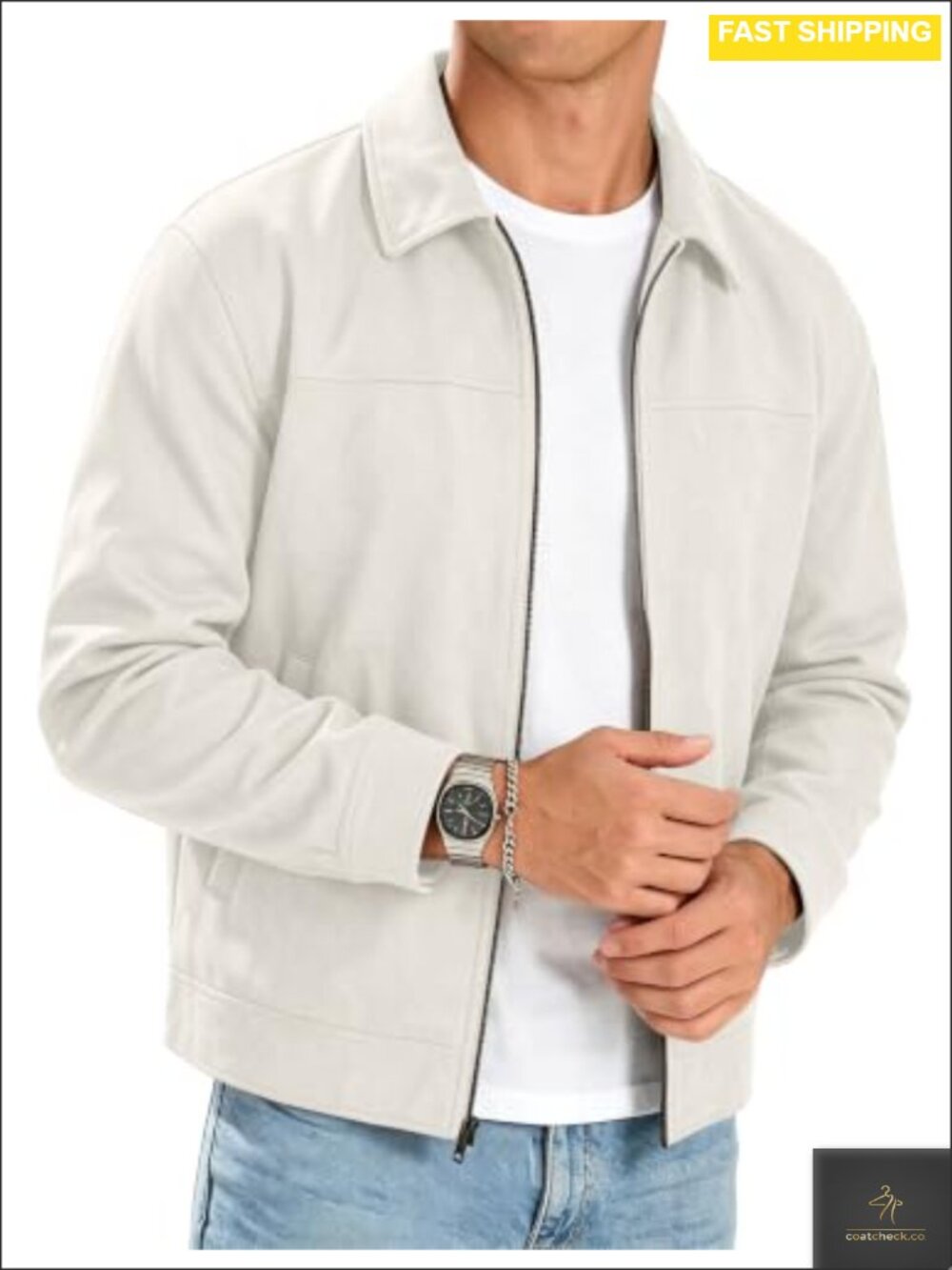 Faux Suede Collared Full Zip Casual Jacket